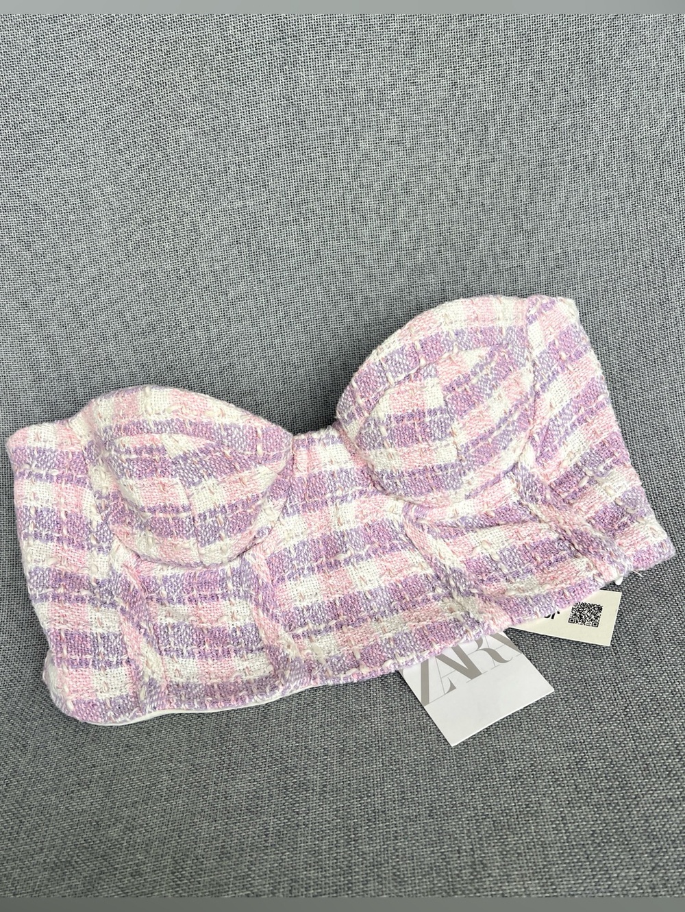 Zara Tweed cropped bustier cream pink purple size S